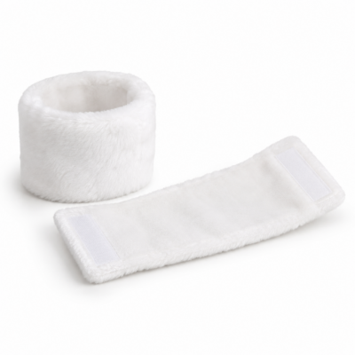 White short-pile plush Santa boot cuffs with closures