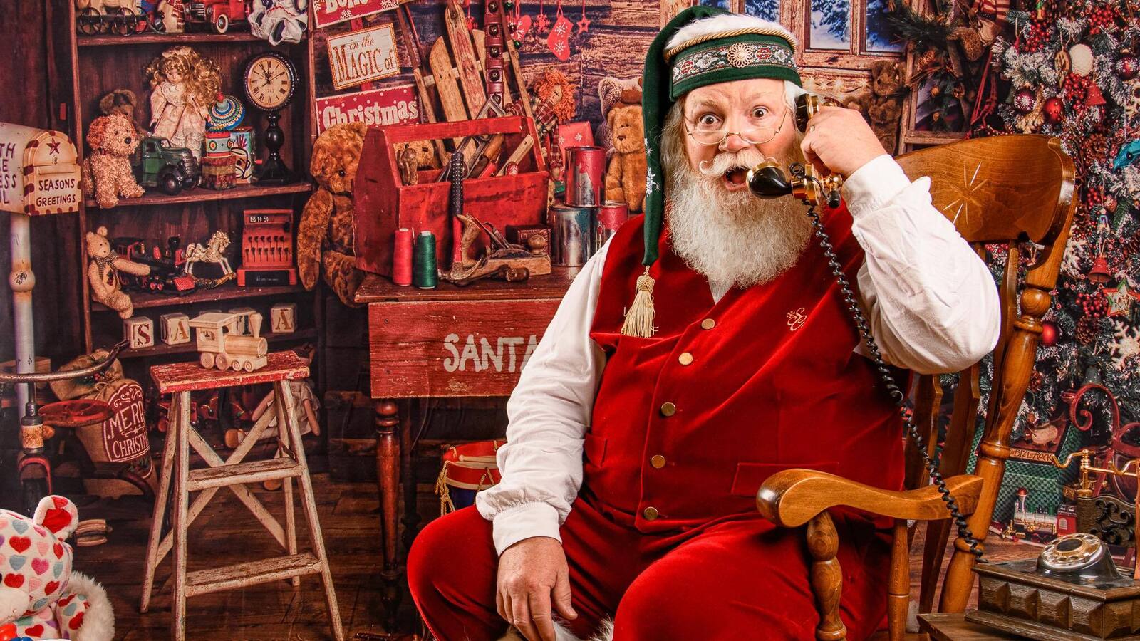 Hire Santa Claus Kansas Workshop Phone Call Portrait Hire Santa Claus Kansas workshop phone call portrait